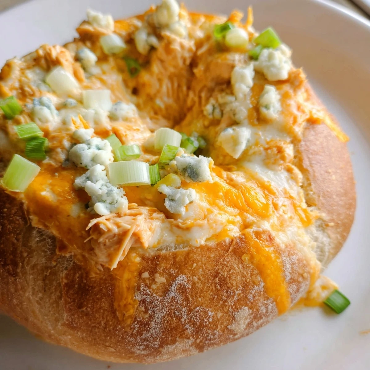 Golden, bubbly Tailgate Buffalo Chicken Dip baked in a crusty bread bowl with green onions on top.  