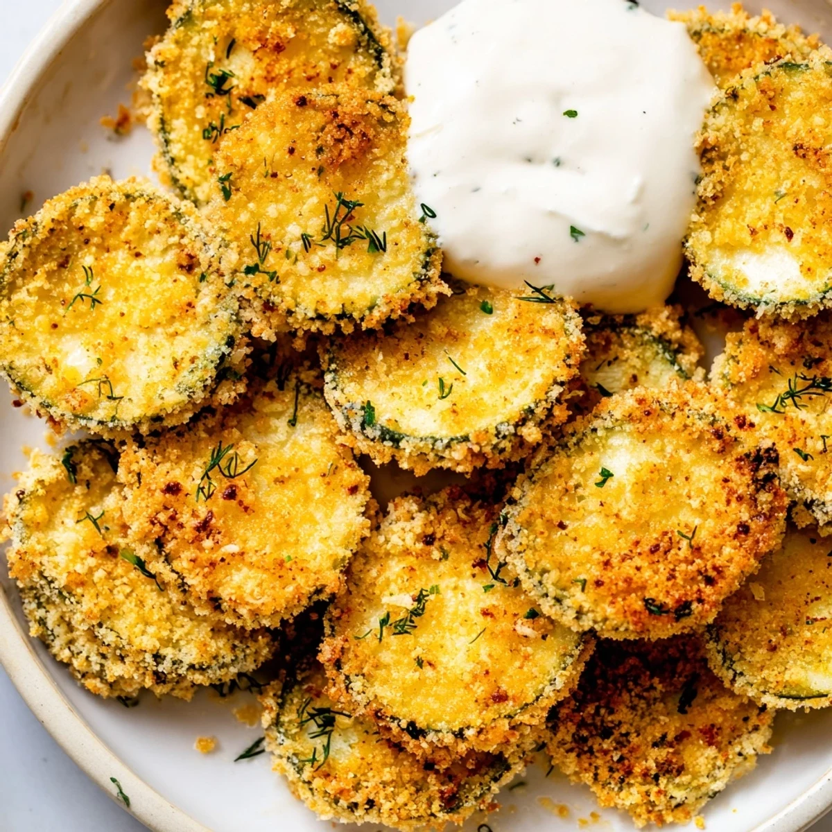 Golden-brown Super Bowl Fried Pickles served hot with a creamy ranch dip on a platter.