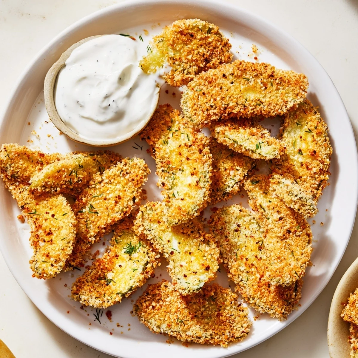 A batch of Super Bowl Fried Pickles next to a bowl of homemade ranch dip.