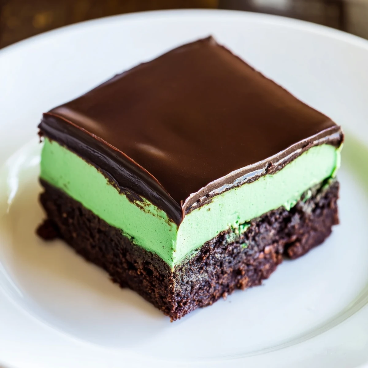 Fudgy Shamrock Mint Brownies with Ganache stacked, green mint cream visible between rich chocolate layers.
