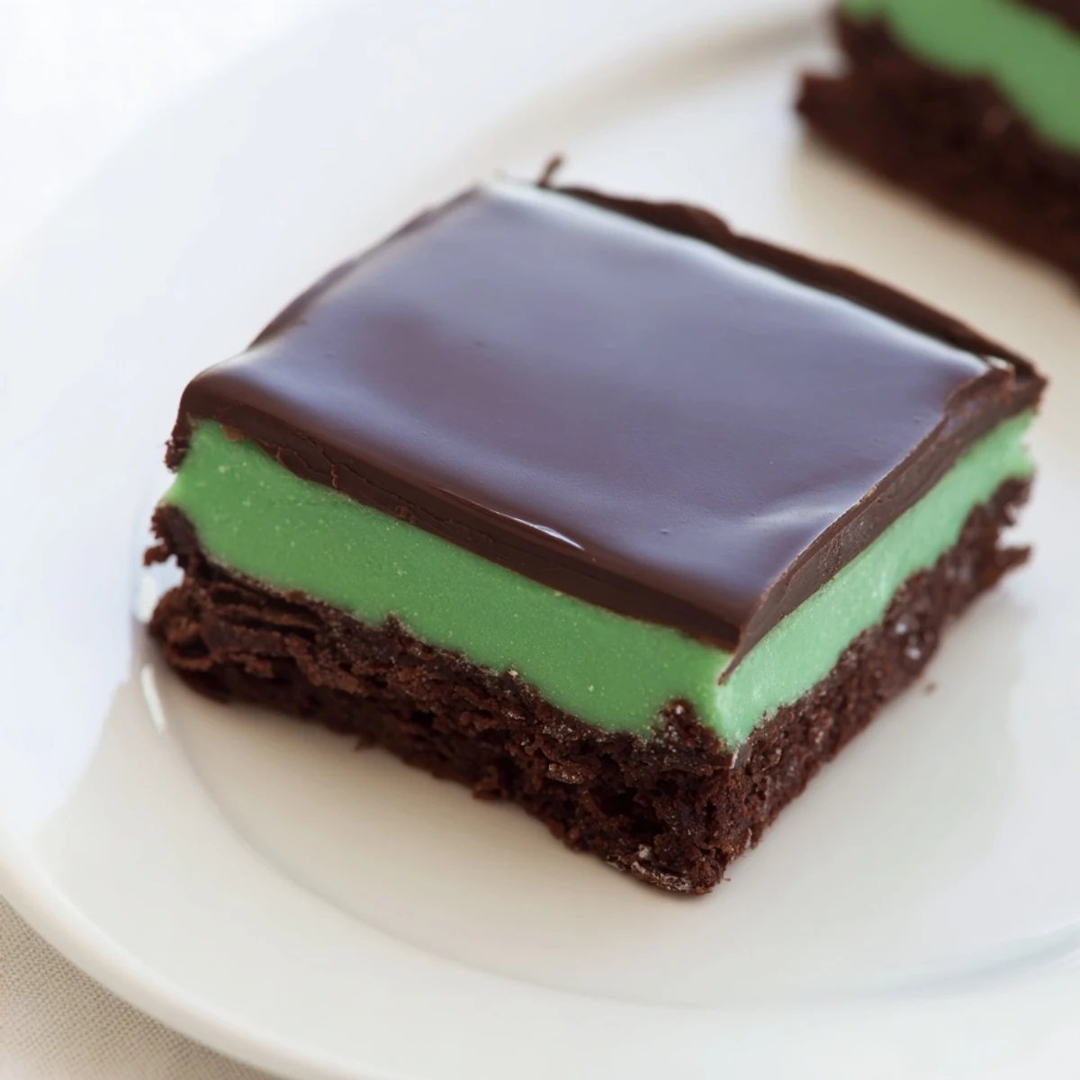 Shamrock Mint Brownies with Ganache on a white plate, vibrant green mint layer and glossy chocolate topping.