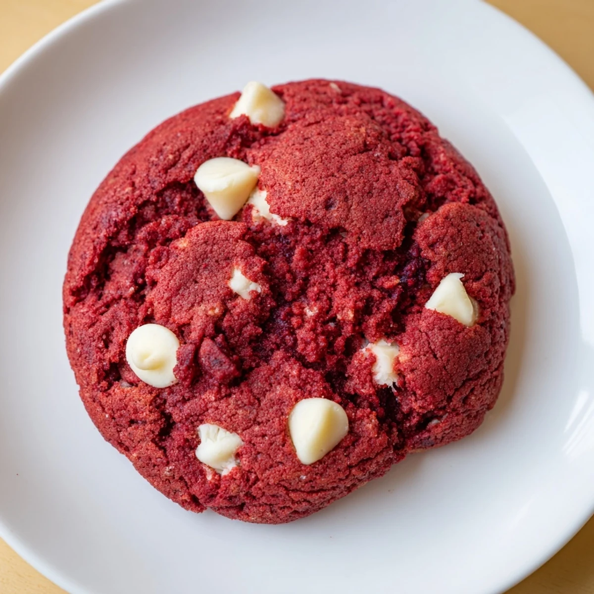 Freshly baked red velvet cookies with white chocolate chips, stacked high on a cooling rack for easy serving.  