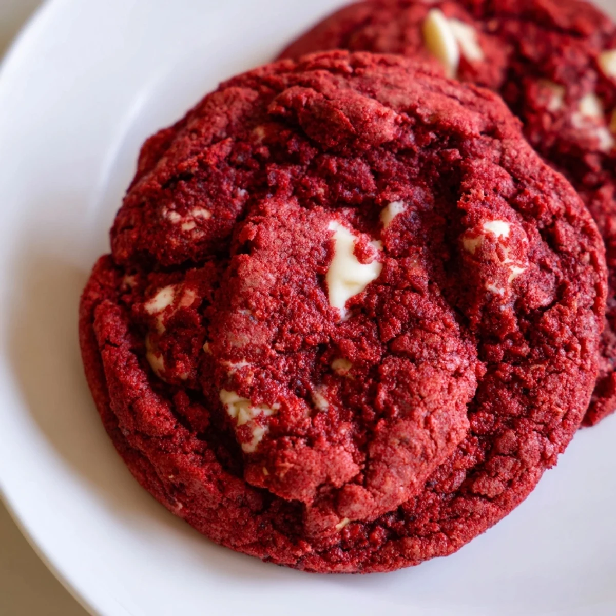 Close-up of red velvet cookies with white chocolate chips, showing soft centers and a vibrant red crumb.
