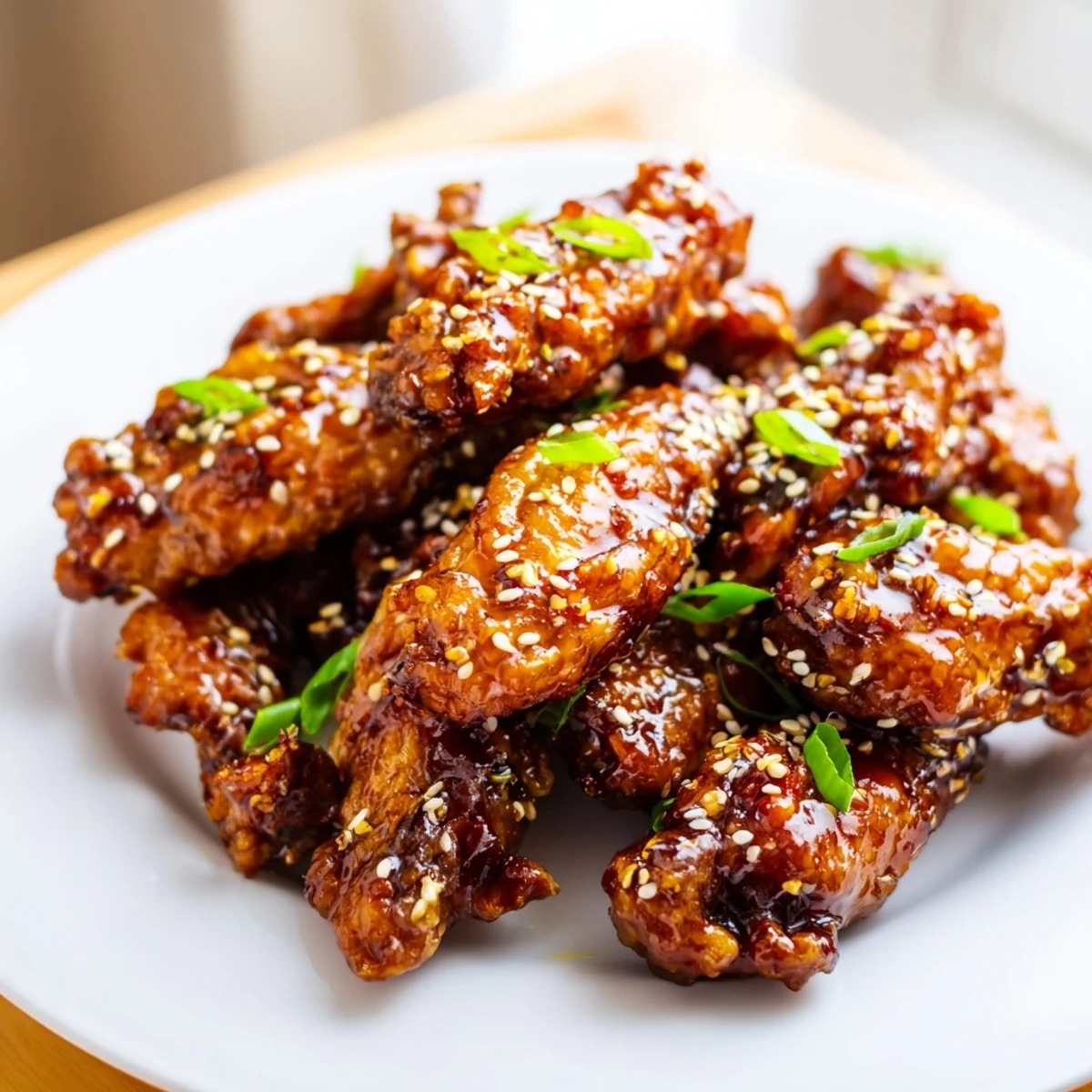 Game day sticky honey garlic chicken wings piled high on a platter with fresh scallions and sesame seeds.