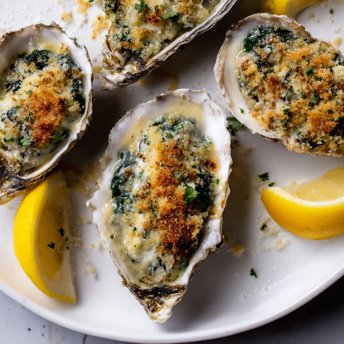 Plump fresh oysters topped with creamy spinach, baked until golden and bubbling for a romantic appetizer.  