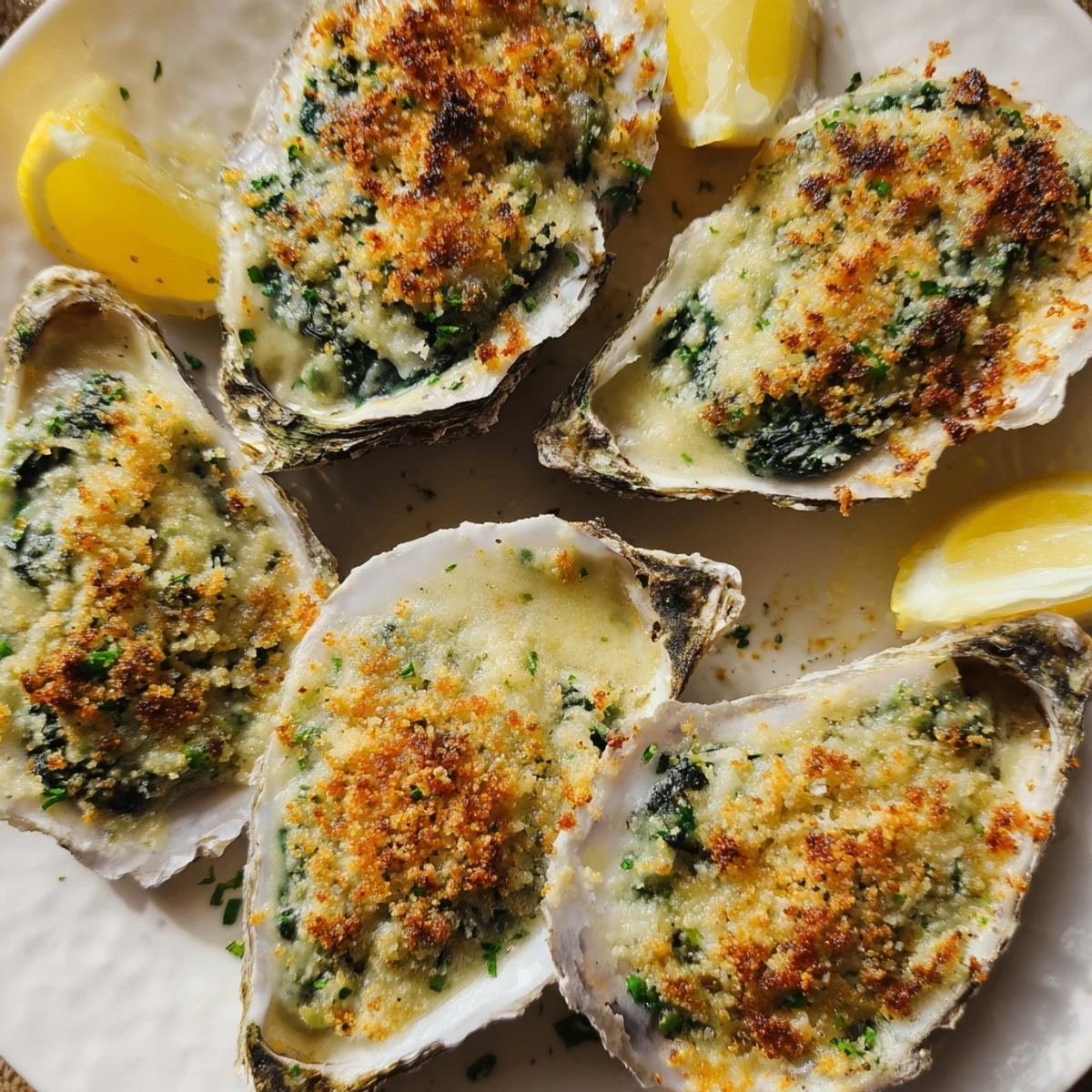 Romantic Oysters Rockefeller with Spinach baked on a tray with breadcrumbs and lemon wedges, ready to serve.  