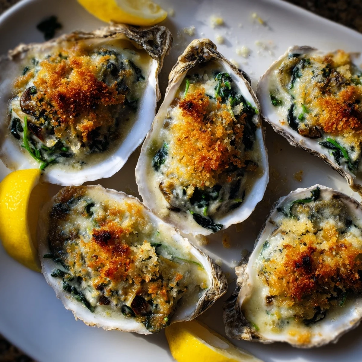 Freshly baked Romantic Oysters Rockefeller with Spinach garnished with parsley, served warm for a special dinner.