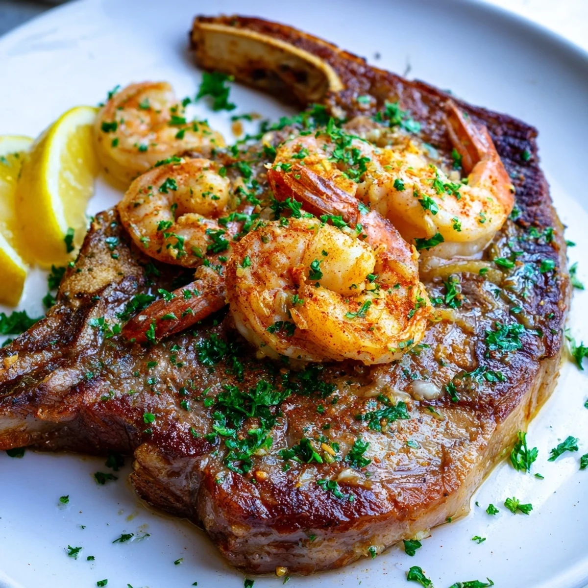 A seared filet mignon steak topped with garlic butter shrimp, garnished with fresh parsley and lemon wedges on a rustic plate.
