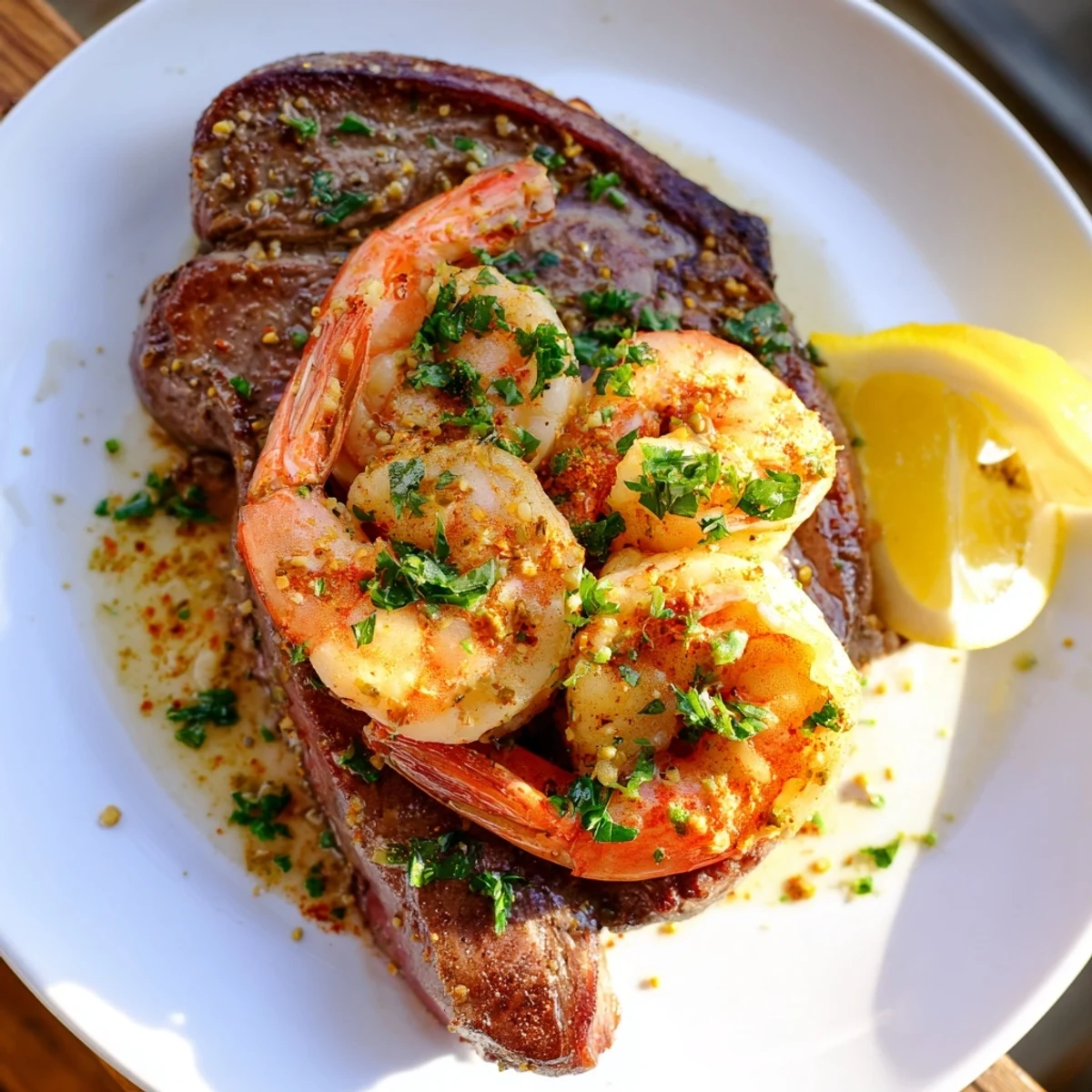 Sizzling Date Night Surf and Turf Steak and Shrimp served with roasted vegetables and a glass of red wine for a romantic meal.