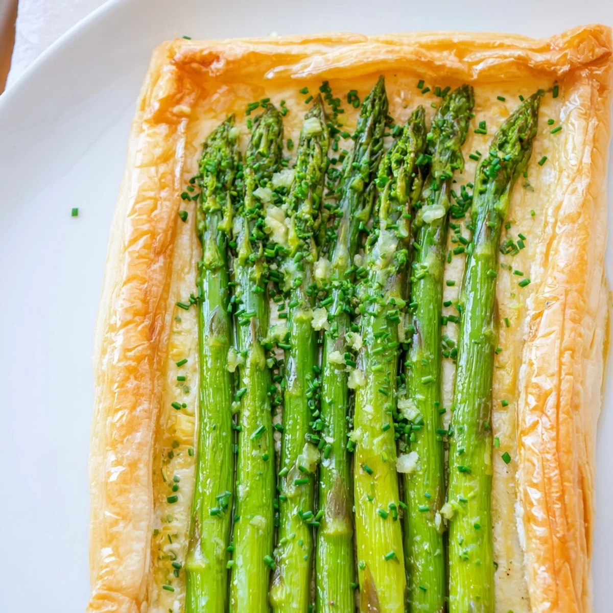 A close-up of the golden-baked Green Asparagus Tart with Puff Pastry, showcasing tender green spears and bubbling cheese.