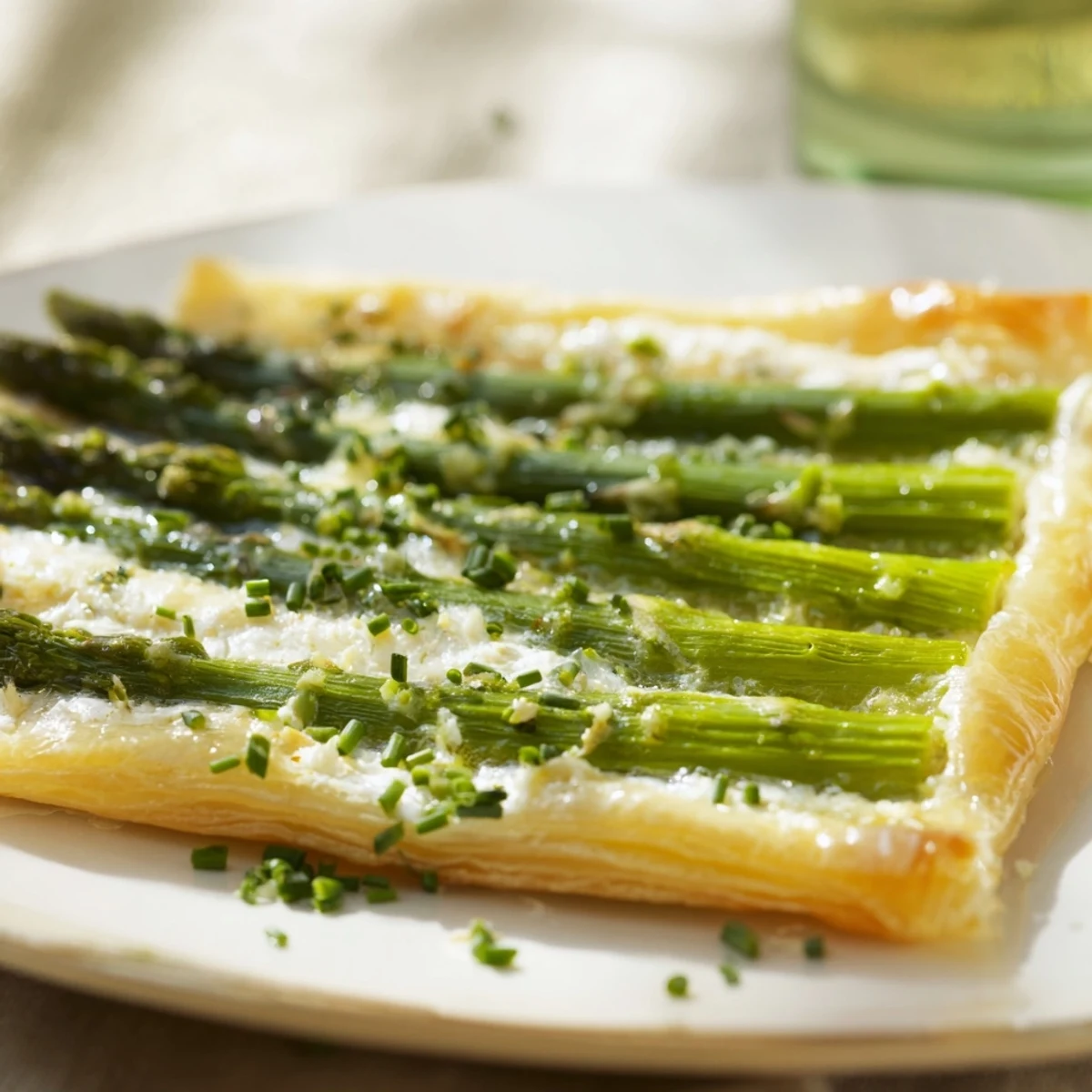 Slice of savory Green Asparagus Tart with Puff Pastry revealing creamy cheese layers and crisp, flaky pastry underneath.