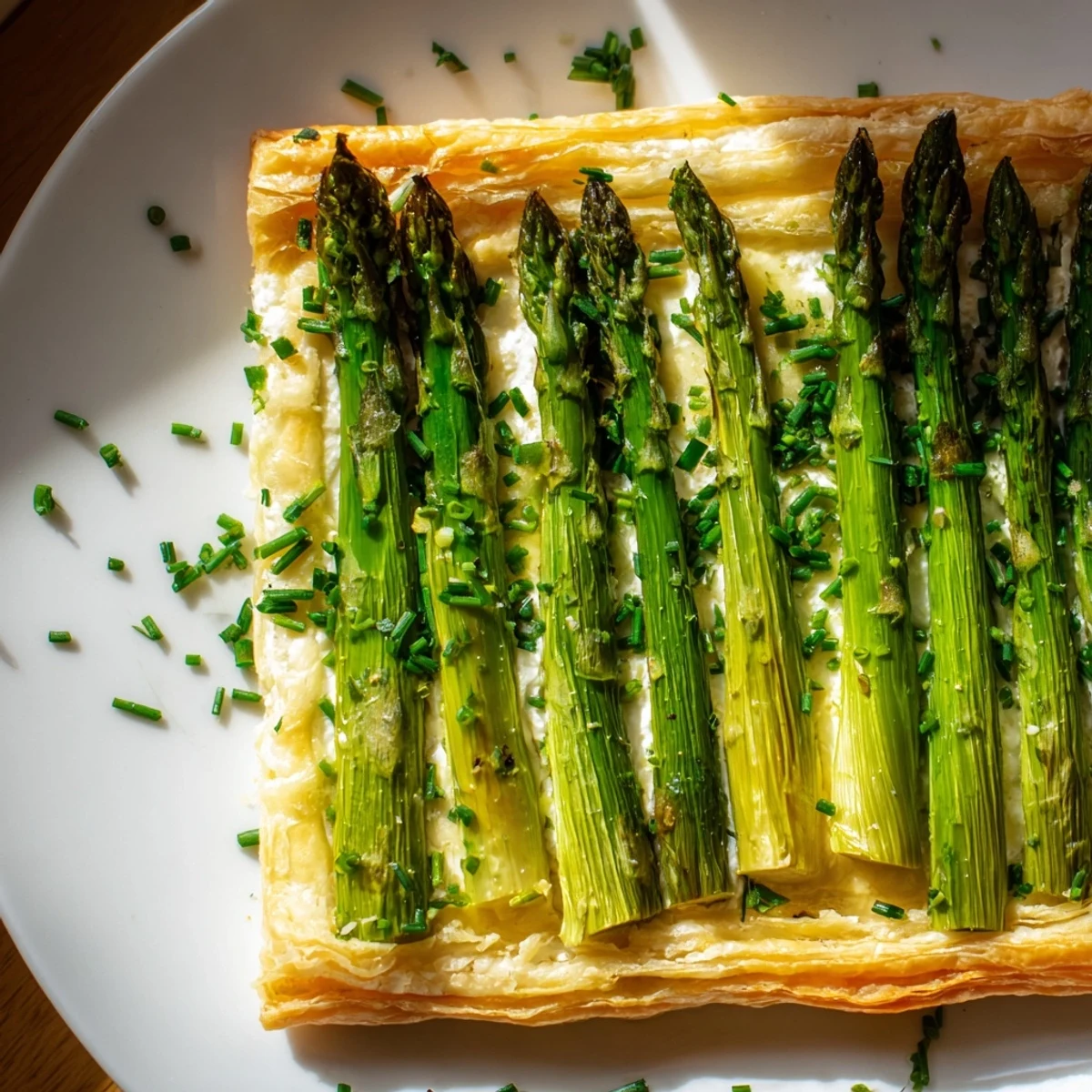 Freshly baked Green Asparagus Tart with Puff Pastry, garnished with herbs and lemon wedges on a rustic wooden board.
