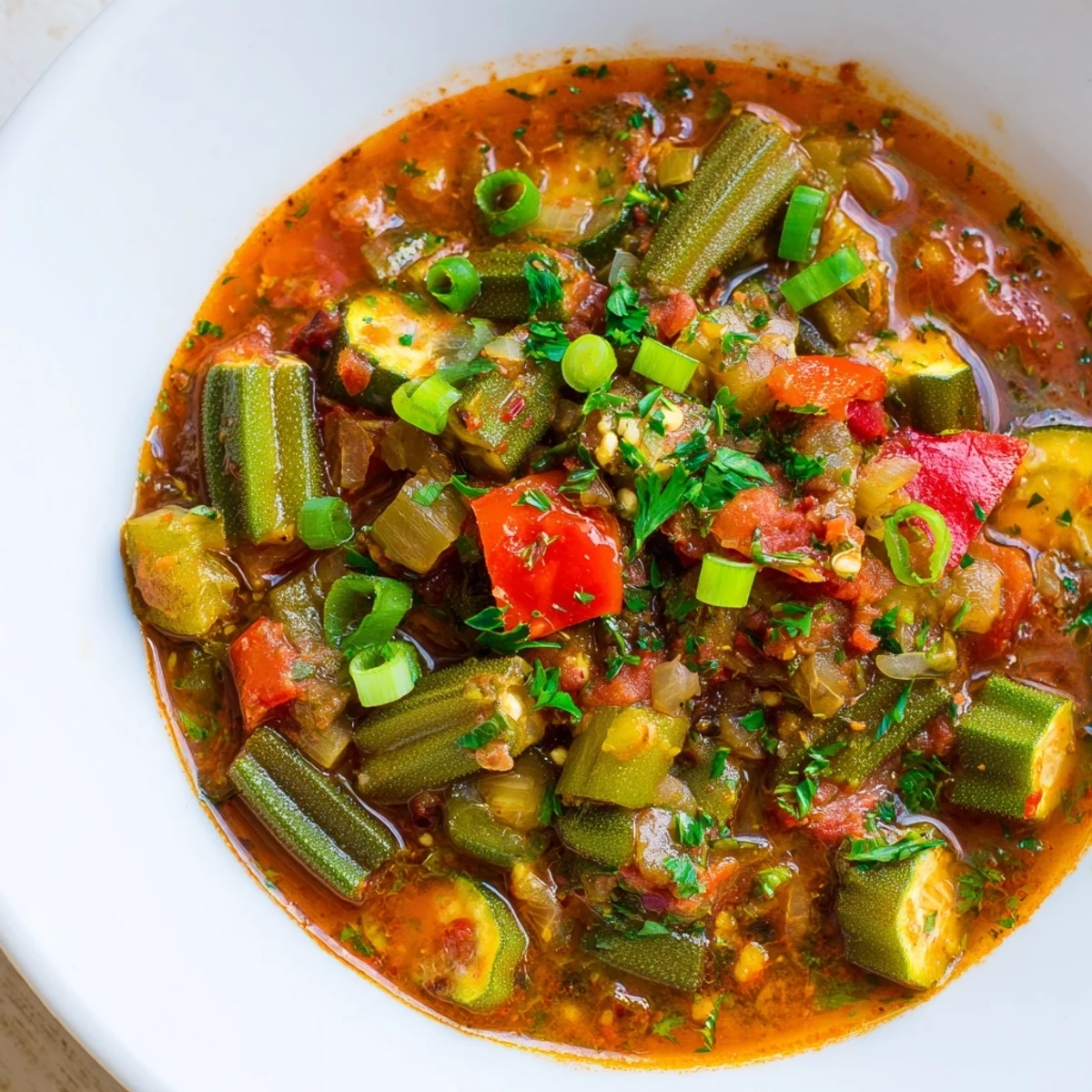 Steam rises from a bowl of Creole Vegetable Gumbo with Okra, served over fluffy white rice with fresh parsley garnish.