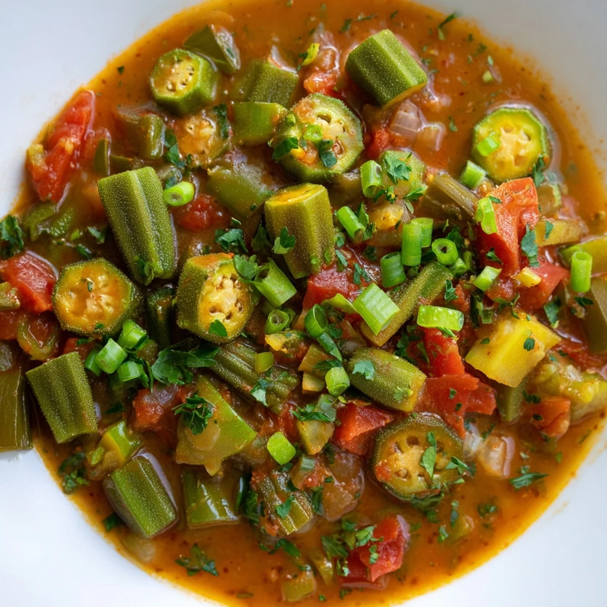 A ladle pours a hearty Creole Vegetable Gumbo with Okra into a serving bowl over rice.