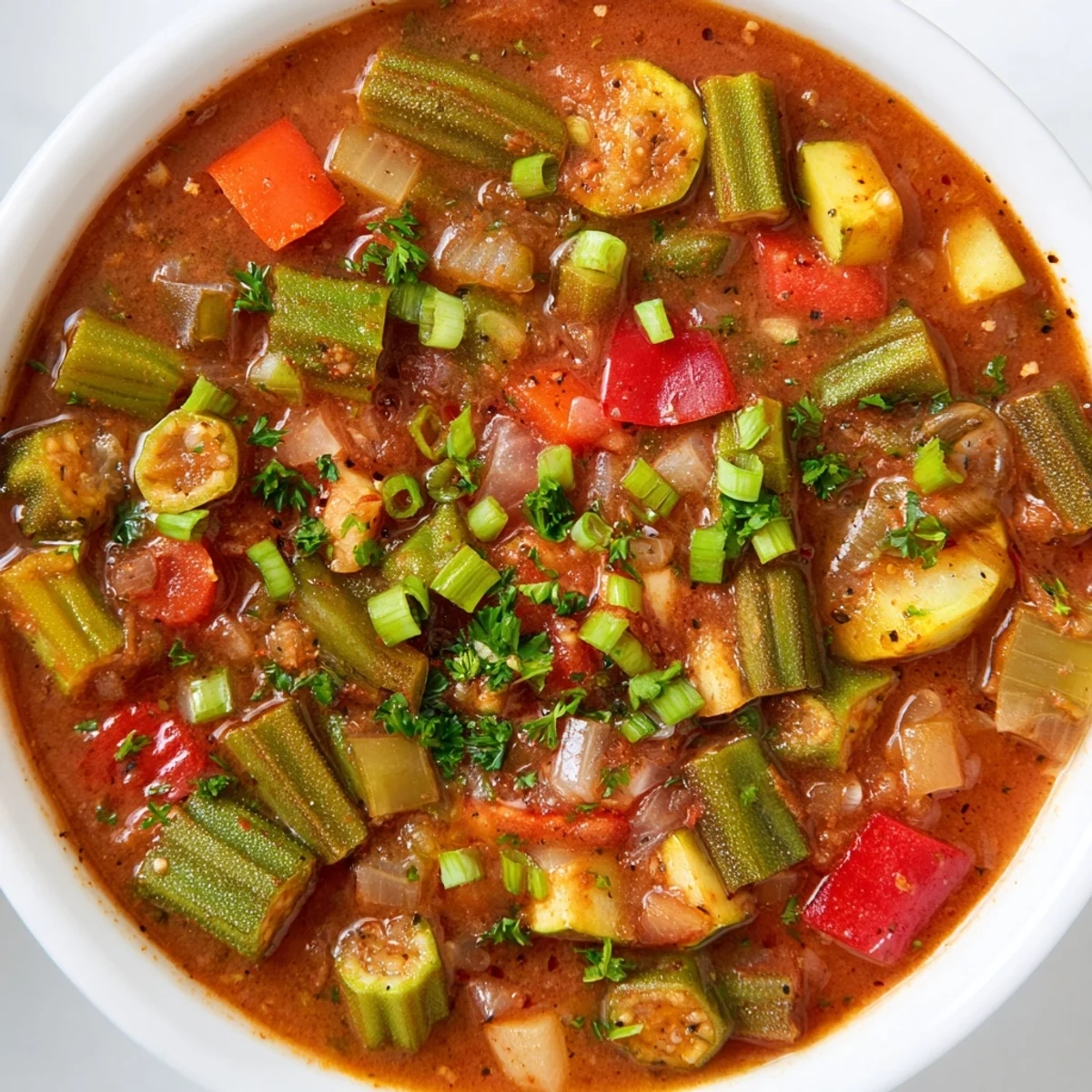 A vibrant Creole Vegetable Gumbo with Okra simmers in a pot, showcasing tender okra, tomatoes, and spices.