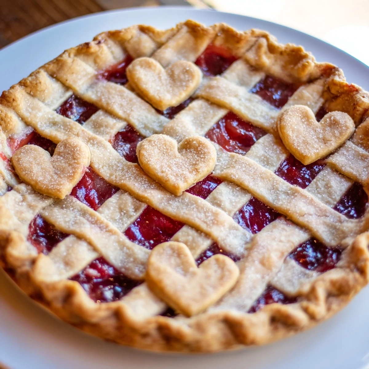 Close-up of a freshly baked Sweetheart Cherry Pie with a golden, flaky lattice crust bubbling with sweet-tart cherry filling.