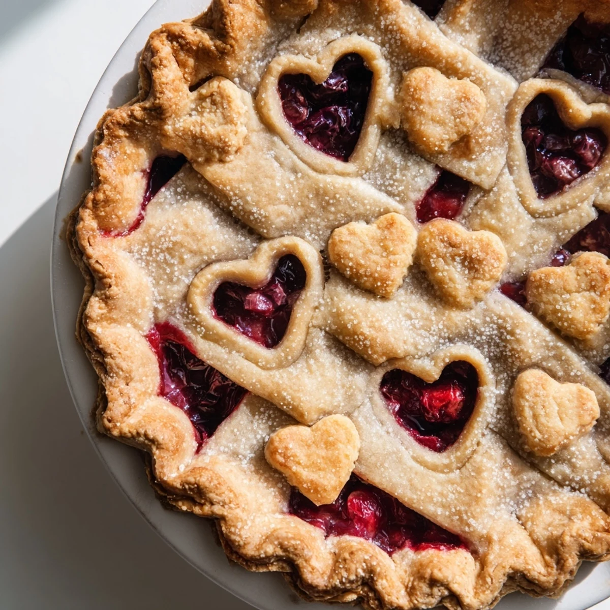 Slice of Sweetheart Cherry Pie served on a white plate, with a scoop of vanilla ice cream melting on top.
