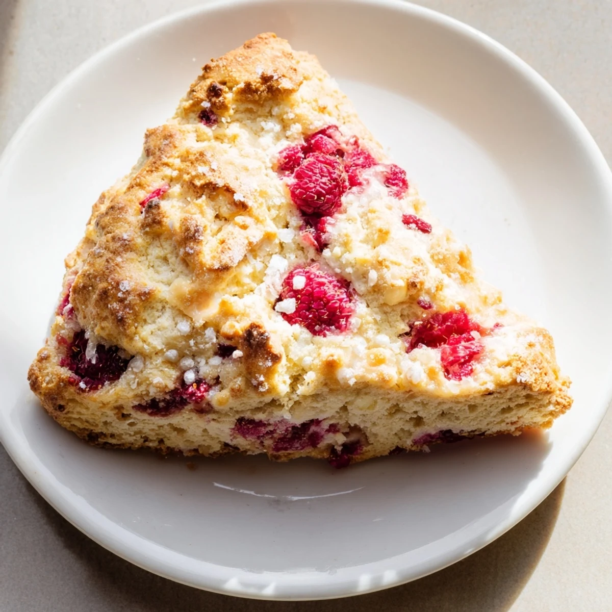 Freshly baked Raspberry White Chocolate Scones on a wooden board with raspberries and white chocolate chips scattered nearby.