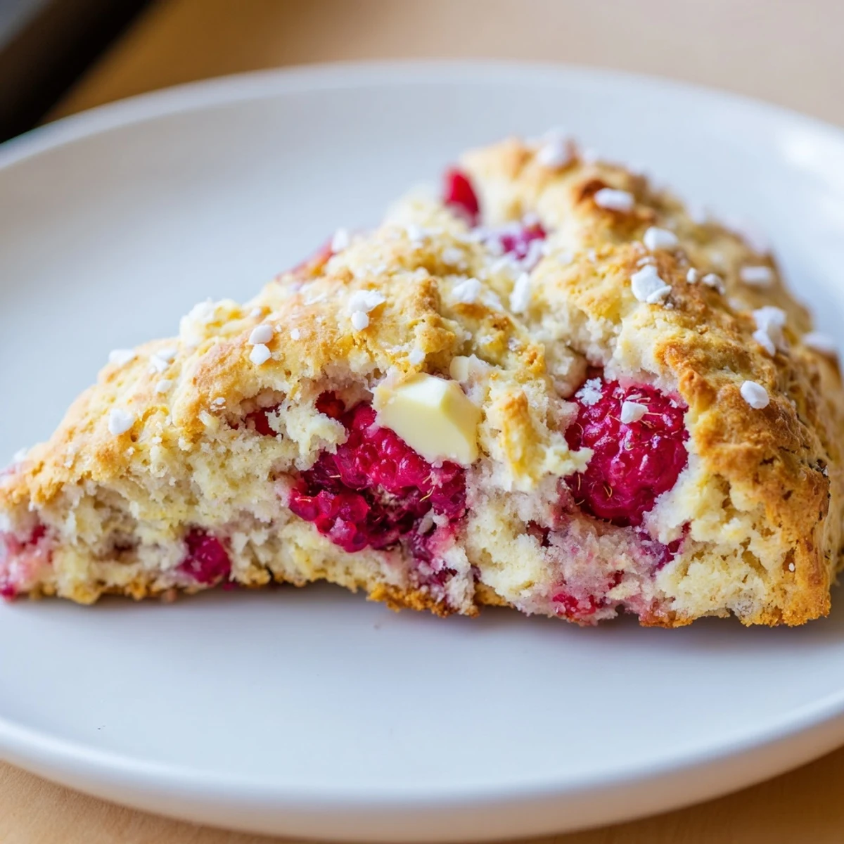 Close-up of a halved Raspberry White Chocolate Scone showing juicy raspberries and melted white chocolate inside the tender crumb.