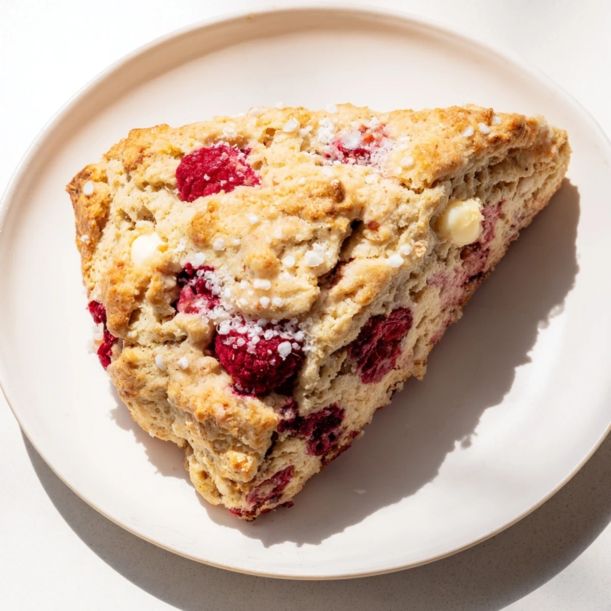 Golden brown Raspberry White Chocolate Scones served warm with a dollop of clotted cream and a steaming cup of tea.