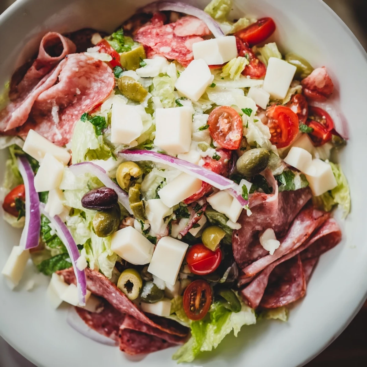 Freshly tossed New Orleans Muffuletta Salad features crisp romaine, salami, provolone, and a bright olive relish ready to serve.