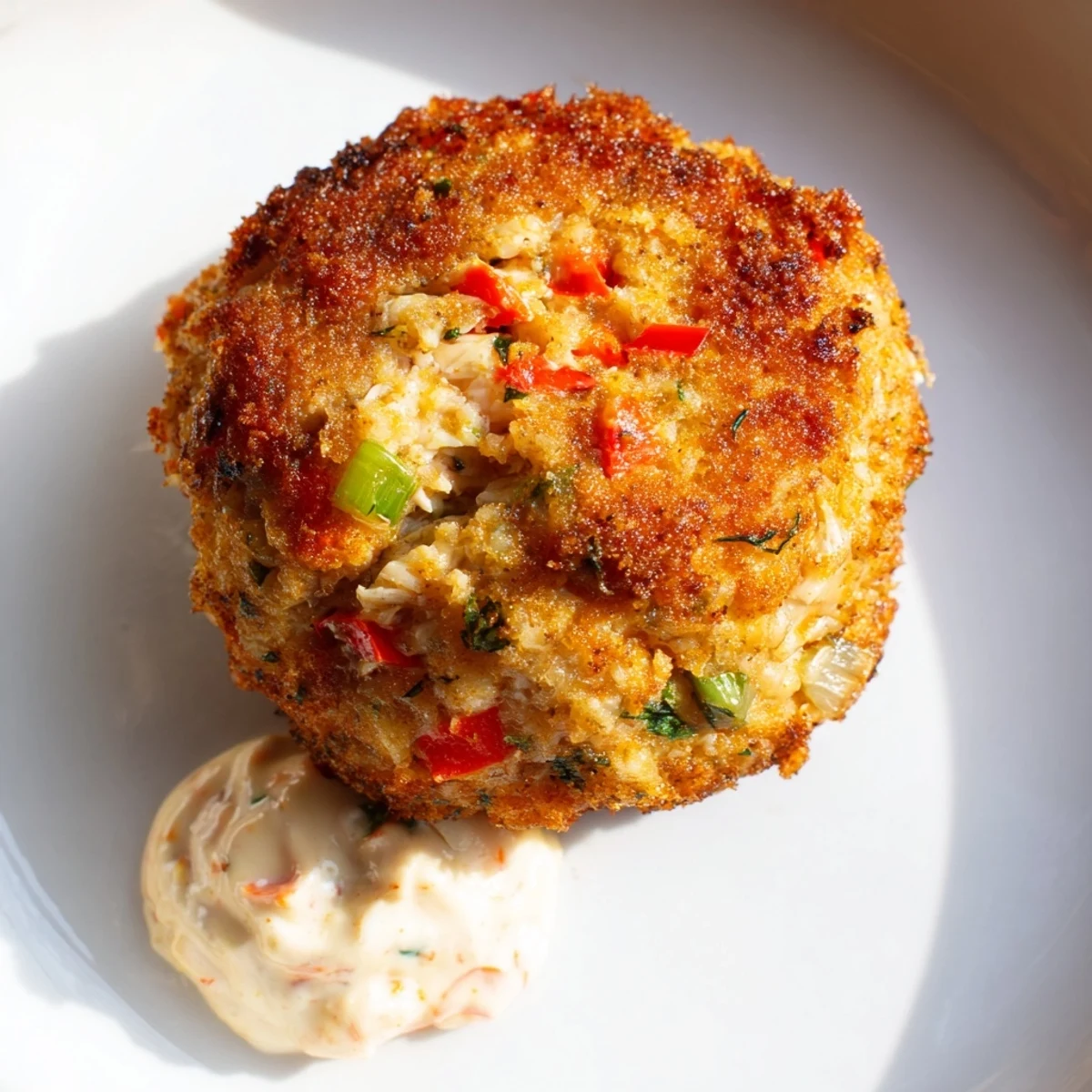 Crispy, golden-brown Cajun Crab Cakes with Remoulade Sauce sit on a plate next to fresh lemon wedges.