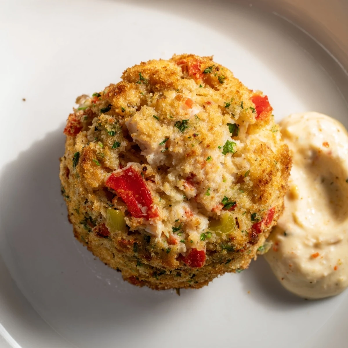 Freshly made Cajun Crab Cakes with Remoulade Sauce are garnished with chopped parsley and served warm.