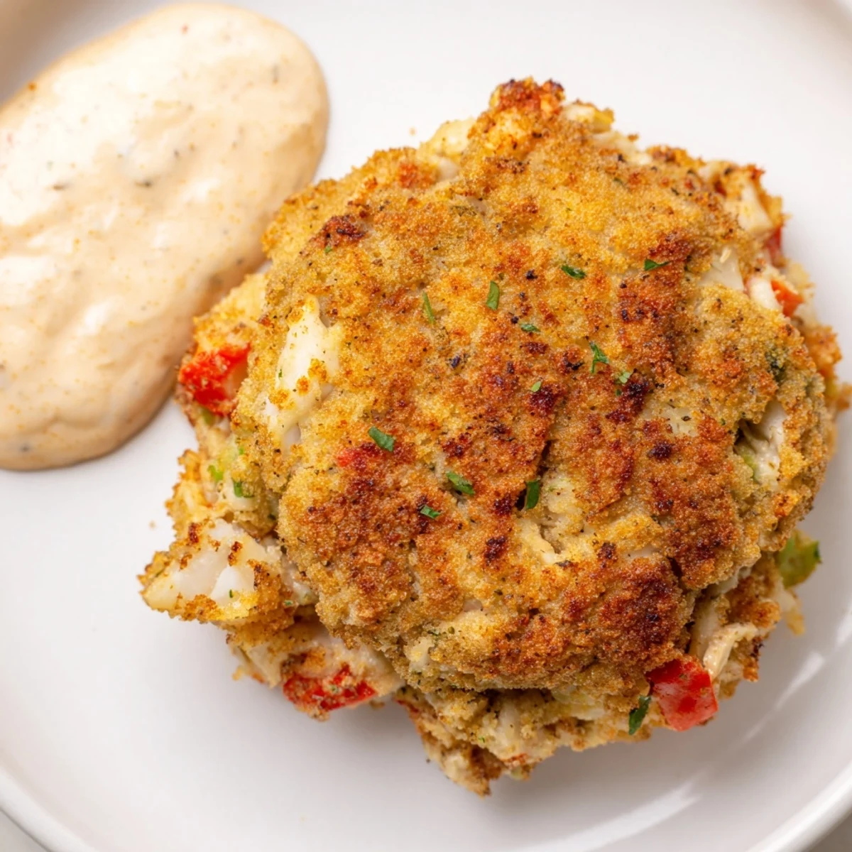 A close-up showcases the texture of Cajun Crab Cakes with Remoulade Sauce paired with a tangy dip.