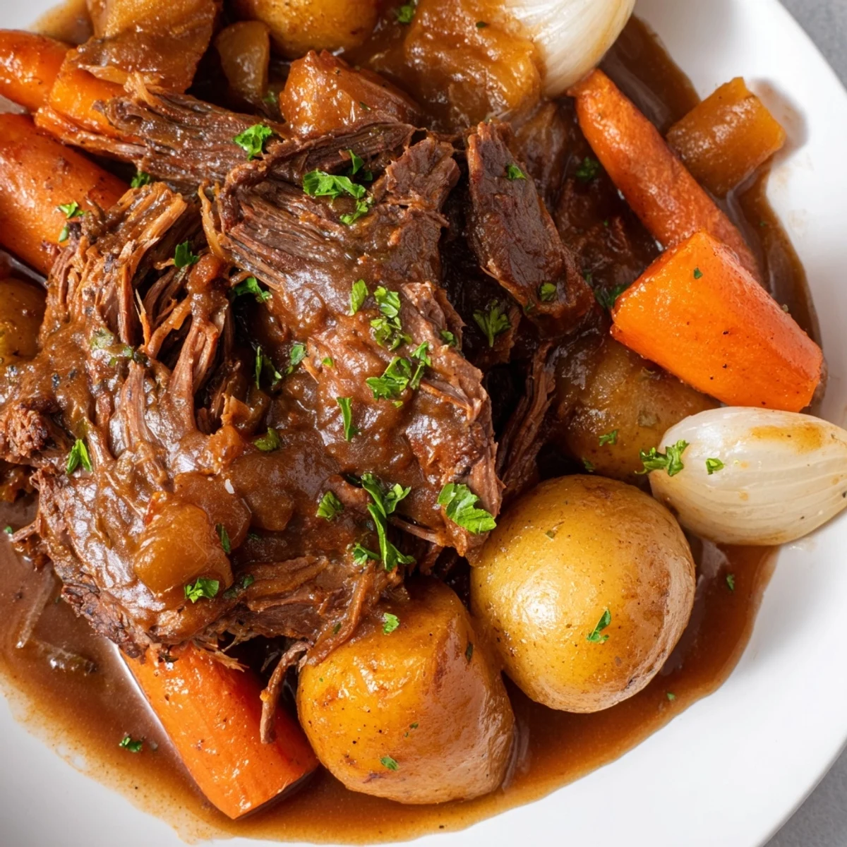 Slow-cooked Irish Beef Pot Roast with carrots, parsnips, and potatoes, tender and juicy in a glossy, herb-scented gravy.