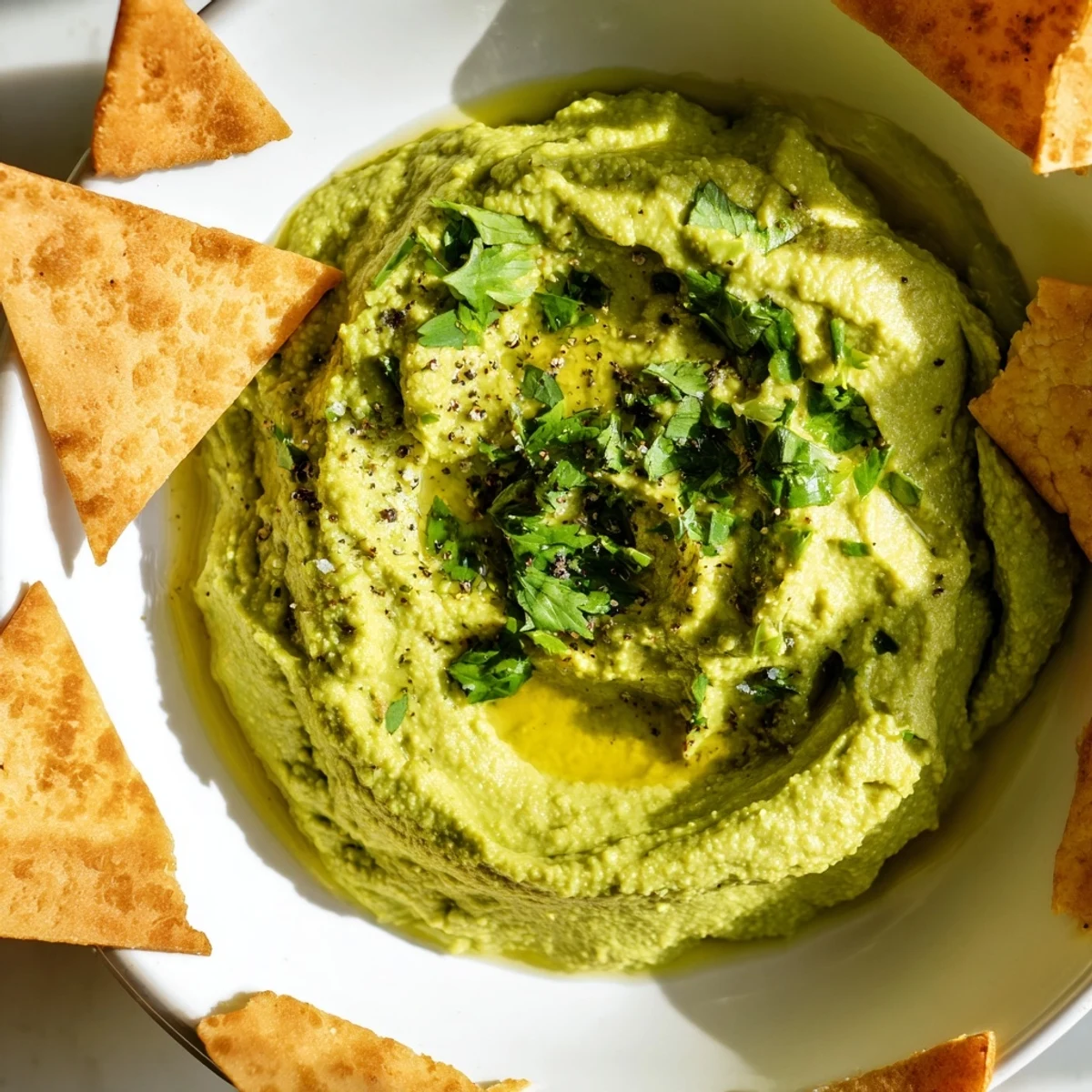 Freshly blended Green Avocado Hummus in a rustic bowl, surrounded by crunchy paprika-sprinkled pita triangles on a marble counter.