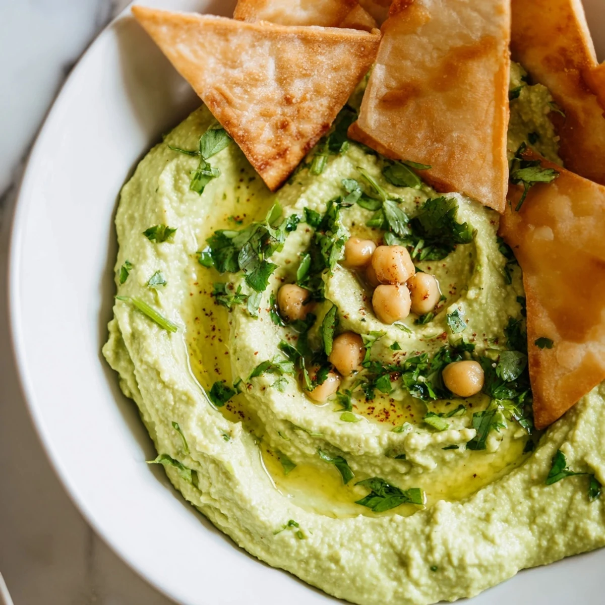 Creamy Green Avocado Hummus topped with olive oil and herbs, served with crisp, golden baked pita chips for dipping.