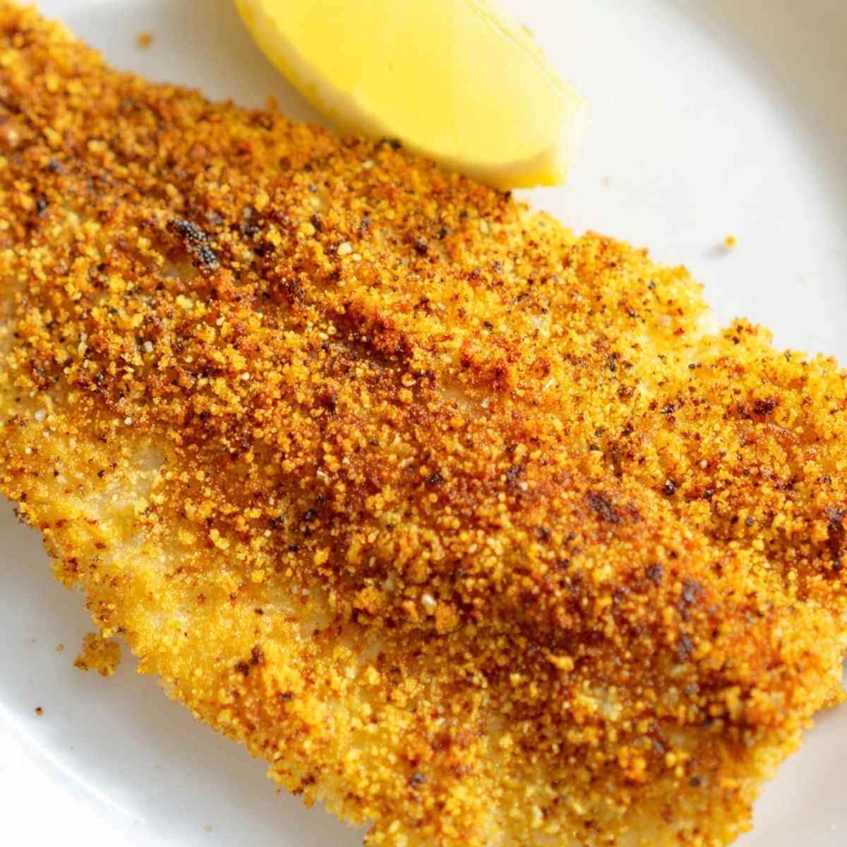 Louisiana Style Fried Catfish served with lemon wedges and creamy tartar sauce on a rustic plate.