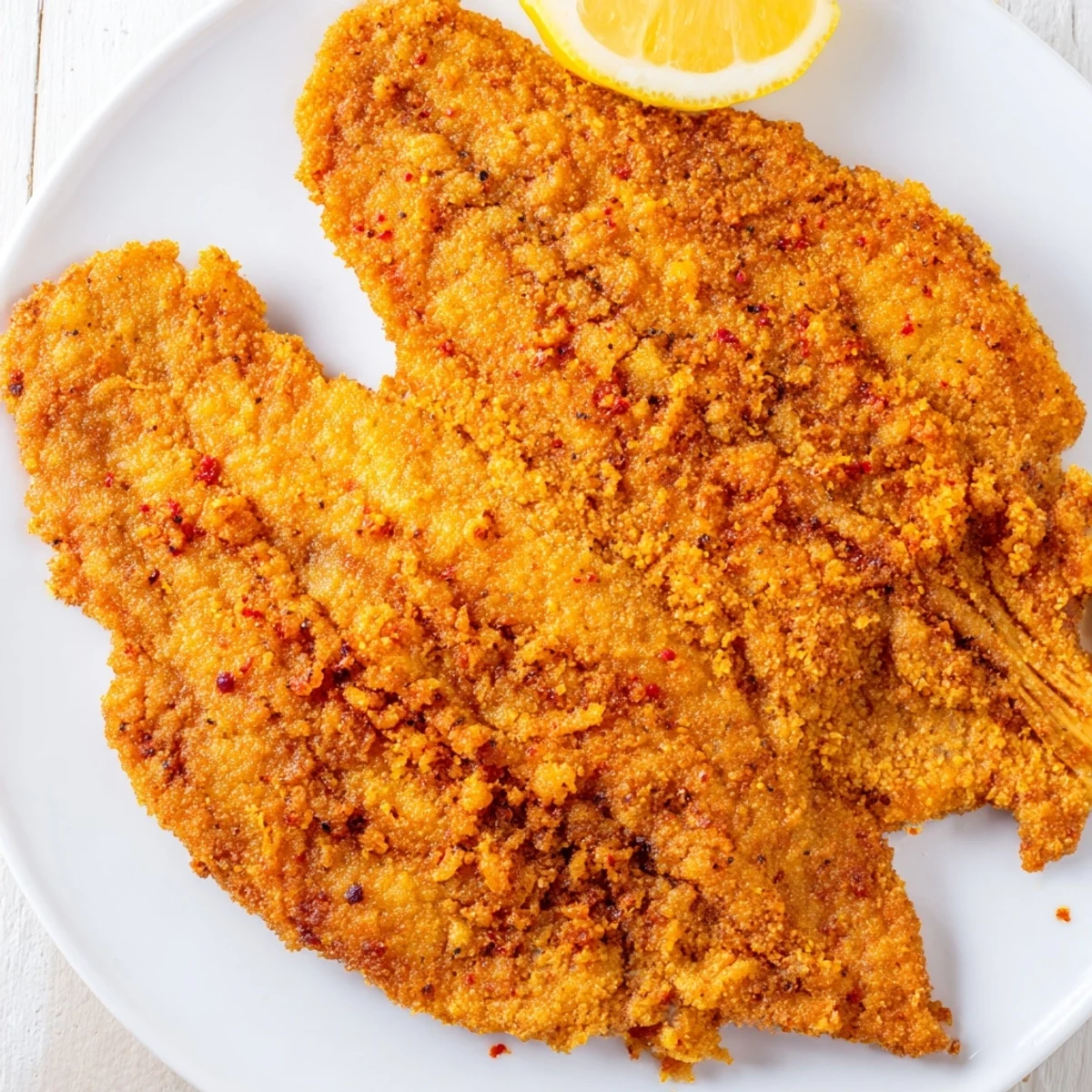 Crunchy cornmeal-coated Louisiana Style Fried Catfish fillets beside coleslaw and French fries, perfect Southern dinner.