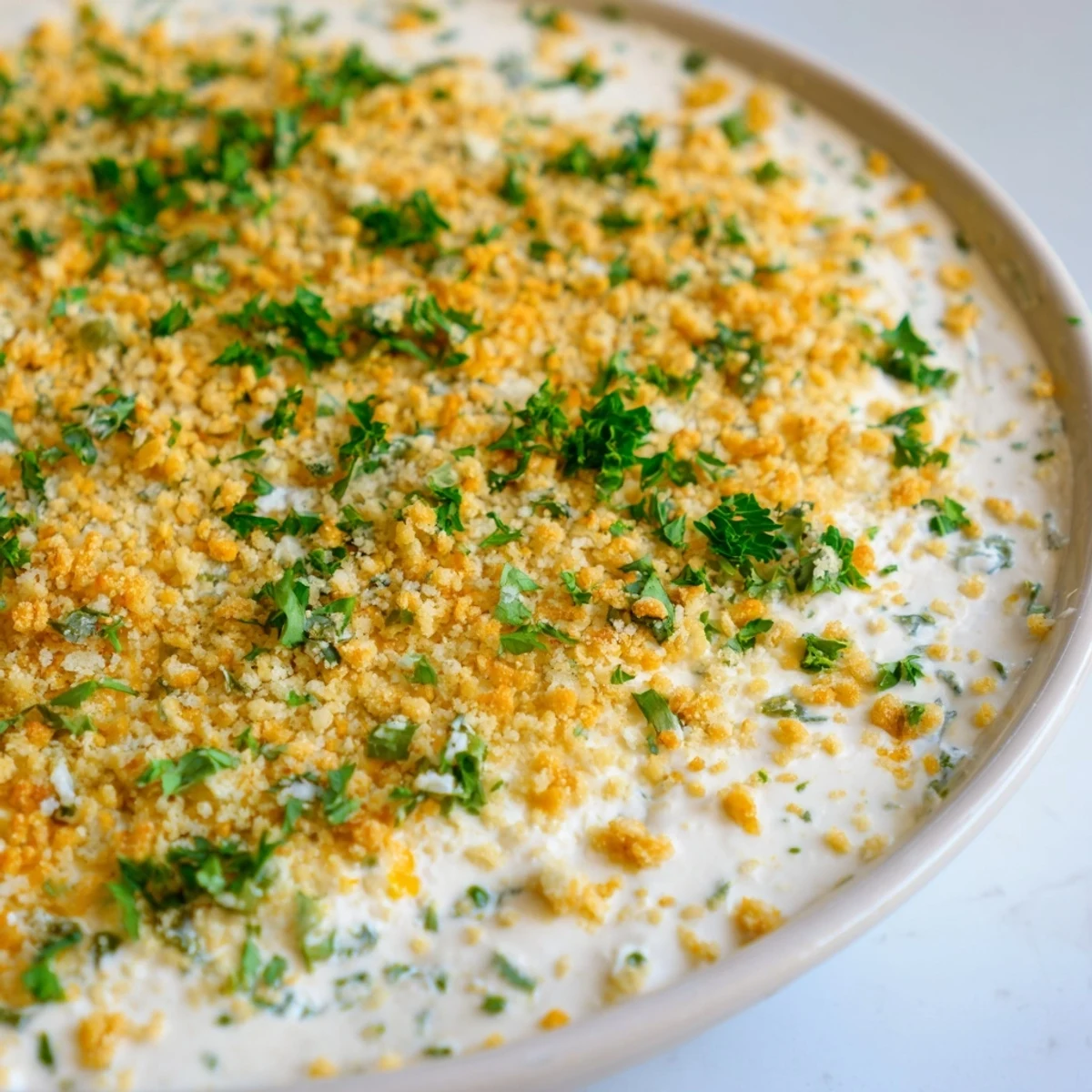 Golden brown Super Bowl Jalapeño Popper Dip bubbling in a dish, topped with Panko and fresh parsley, served with tortilla chips.