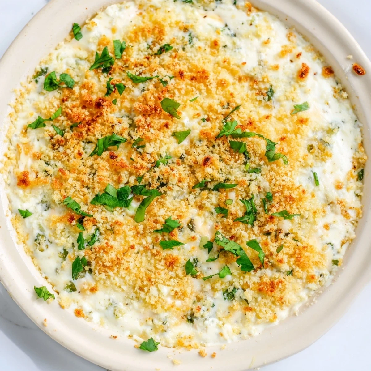 Creamy, cheesy Super Bowl Jalapeño Popper Dip baked until golden, garnished with parsley and served warm with crunchy tortilla chips.