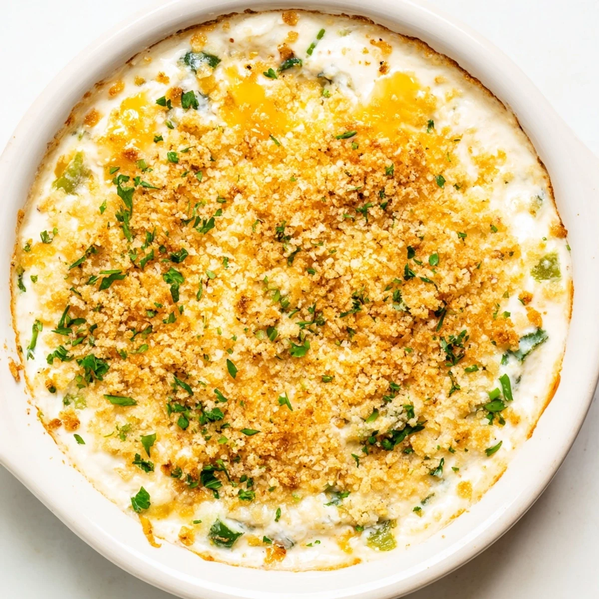 Spicy Super Bowl Jalapeño Popper Dip in a baking dish, golden Panko topping and parsley garnish beside a bowl of chips.