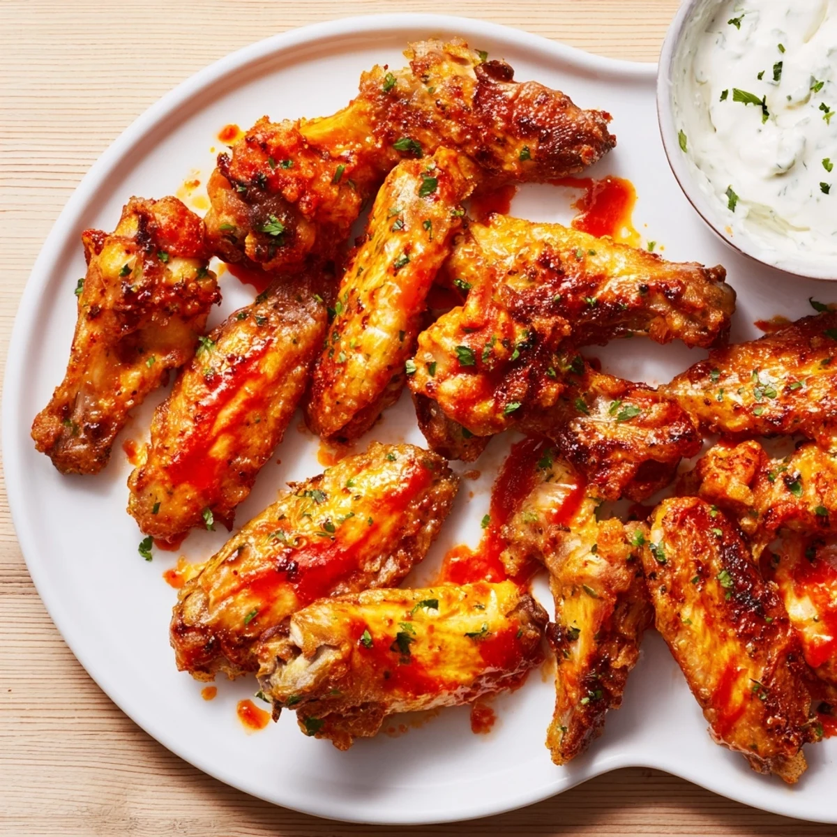 Hot Touchdown Spicy Wings with Ranch are tossed in glaze, garnished with fresh herbs.