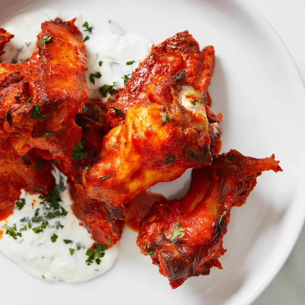 Golden brown Touchdown Spicy Wings with Ranch piled high next to a bowl of creamy dip.