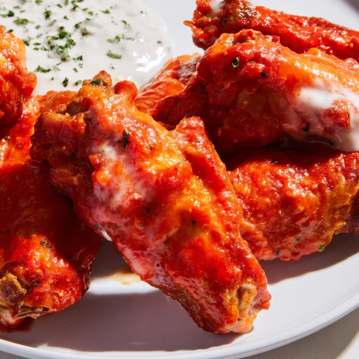 Sizzling Touchdown Spicy Wings with Ranch served on a platter with crisp celery sticks.