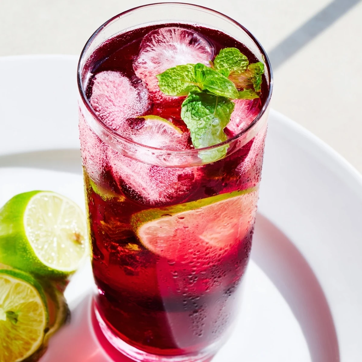 Hibiscus Iced Tea with Lime Slices poured over ice cubes in a tall glass.