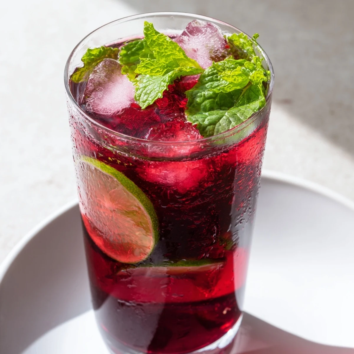Bright red Hibiscus Iced Tea with Lime Slices garnished with fresh mint leaves.