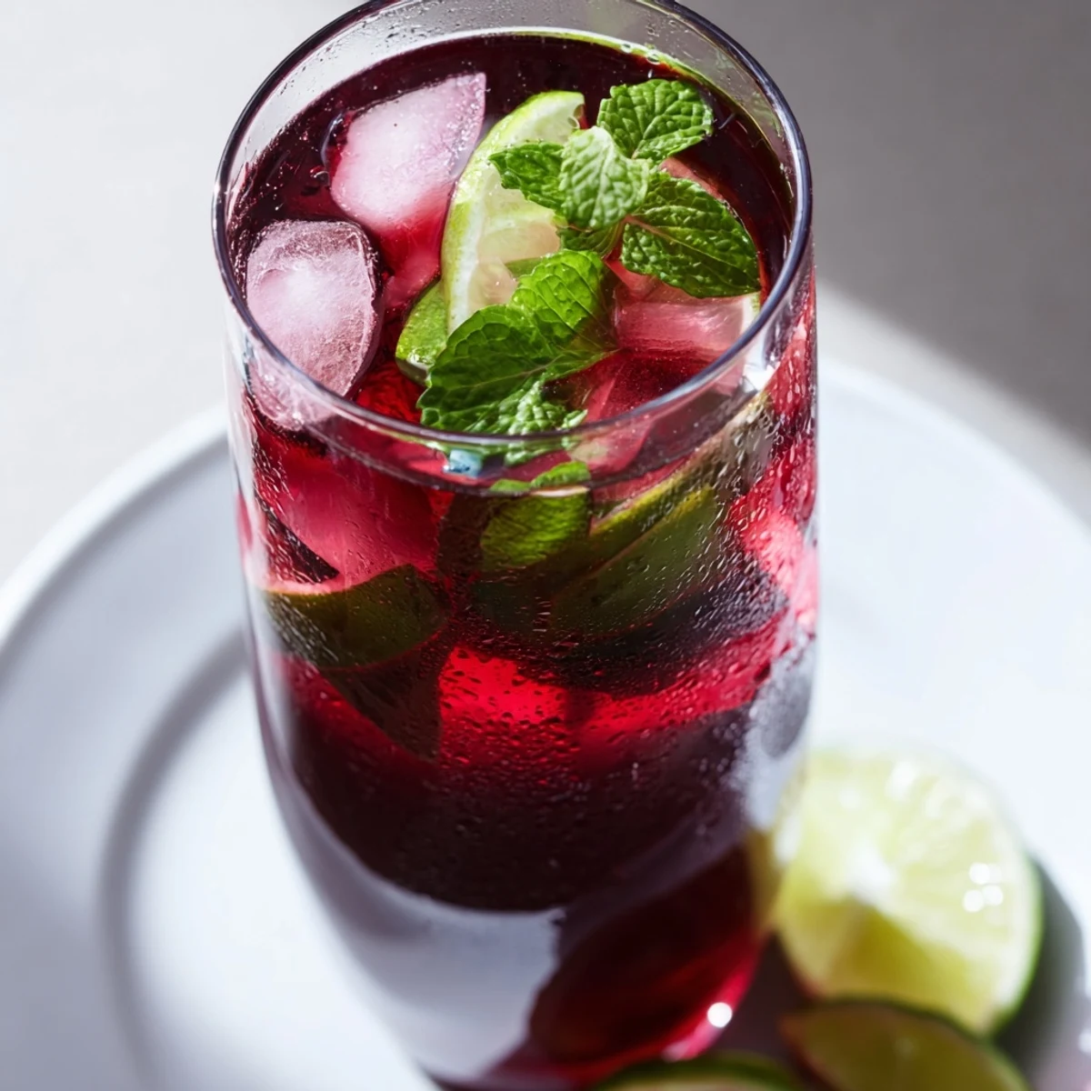 Chilled Hibiscus Iced Tea with Lime Slices in a glass pitcher on a sunny table.