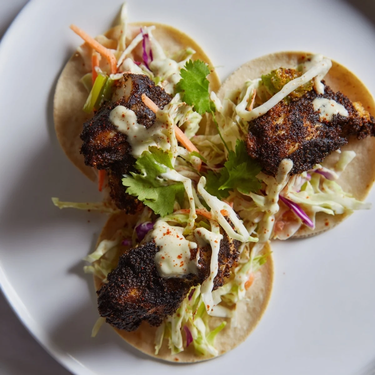 Blackened Fish Tacos with Slaw and Mayo topped with creamy sauce on a wooden board, ready to serve.