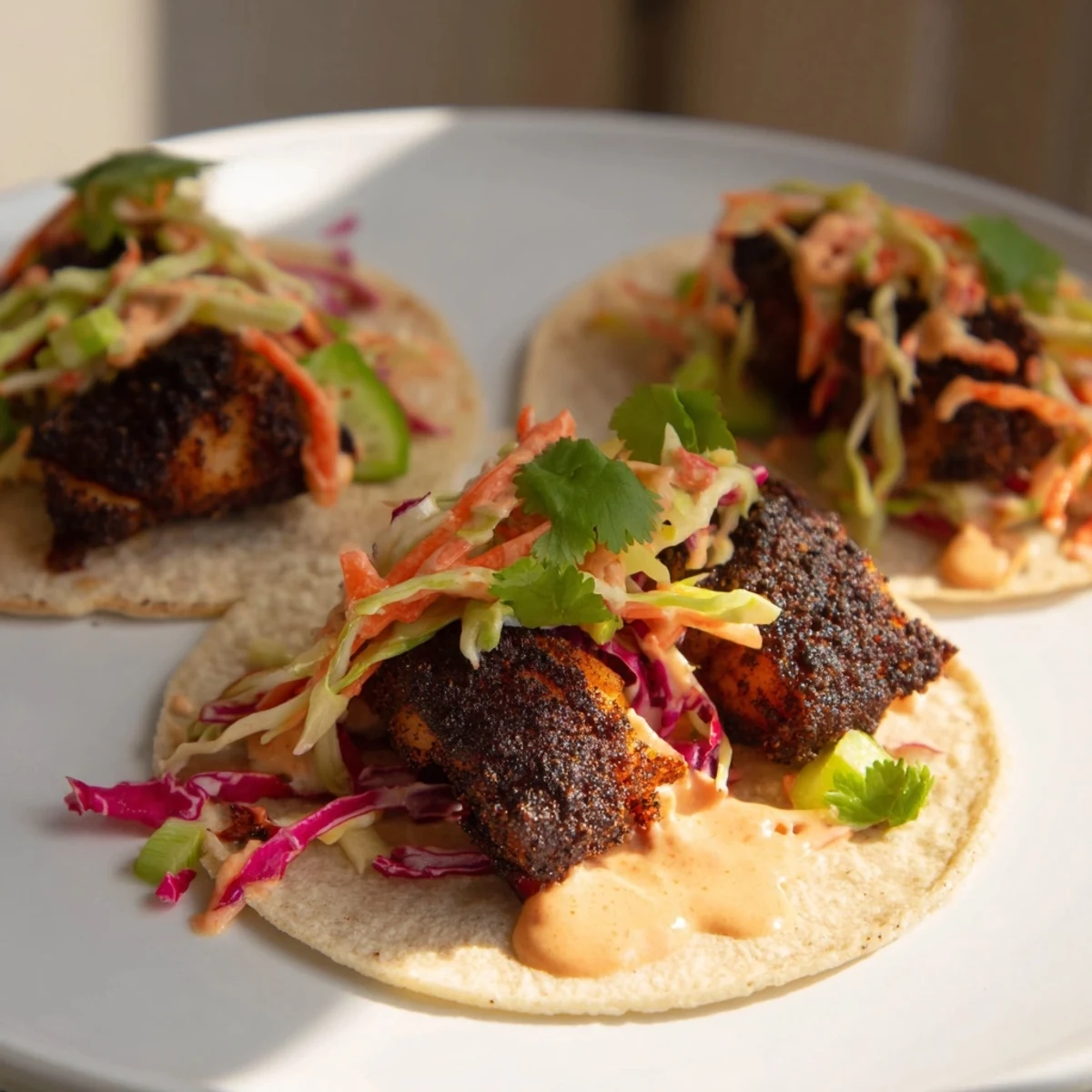 Platter of Blackened Fish Tacos with Slaw and Mayo garnished with fresh cilantro and lime wedges for squeezing.