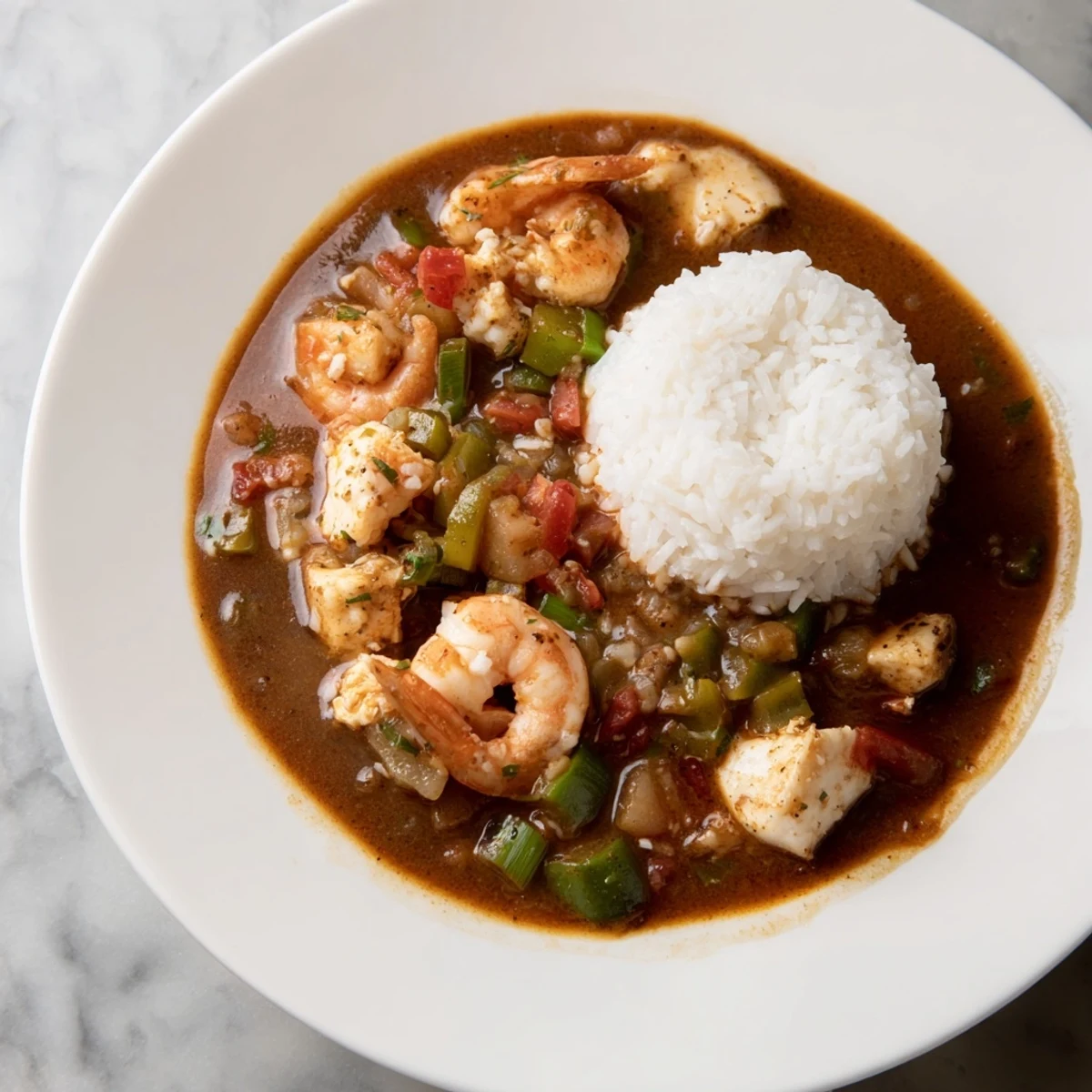 Steaming bowl of Seafood Gumbo with Okra and Tomatoes served over fluffy white rice.