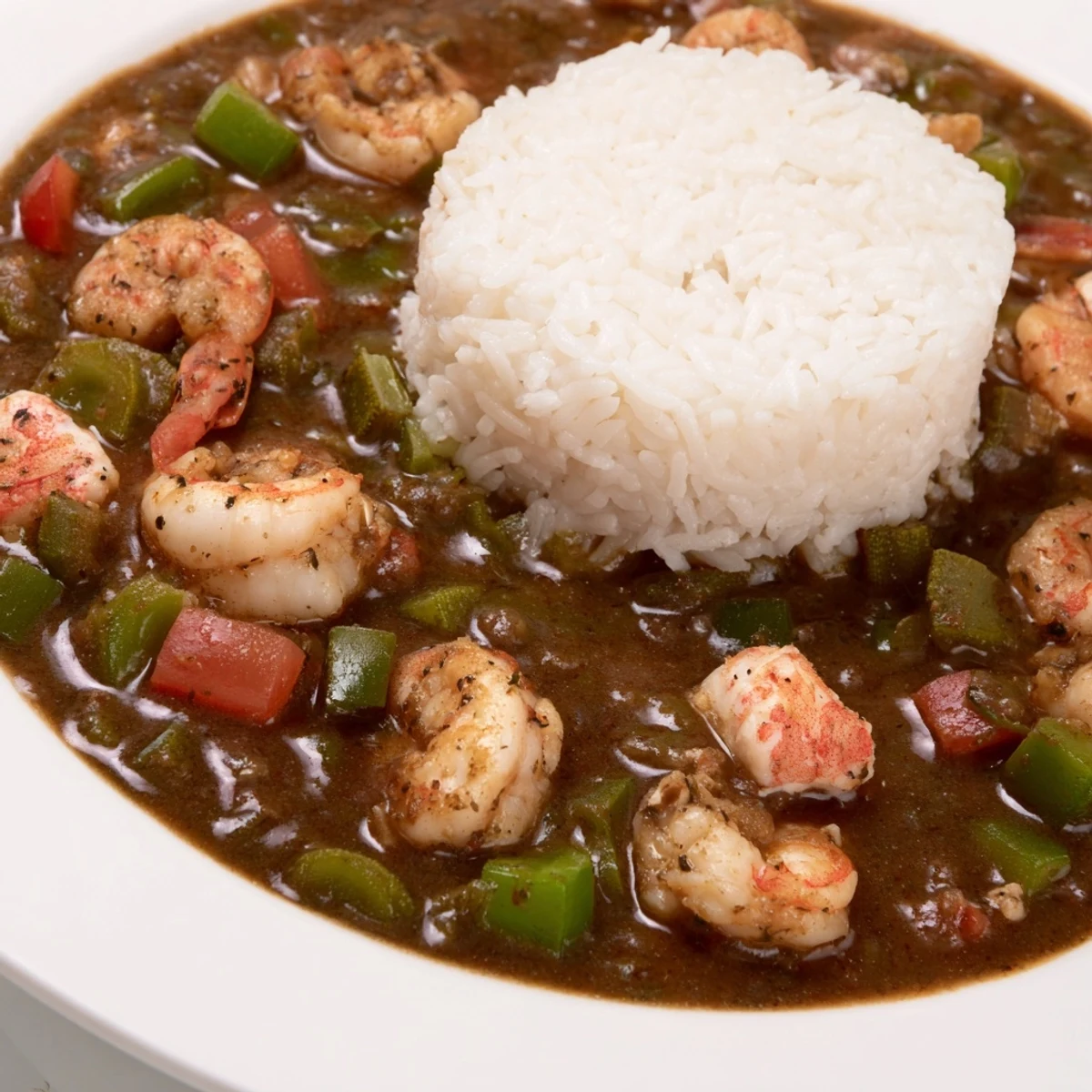 A rich Seafood Gumbo with Okra and Tomatoes, simmered with shrimp, crab, and fresh herbs.
