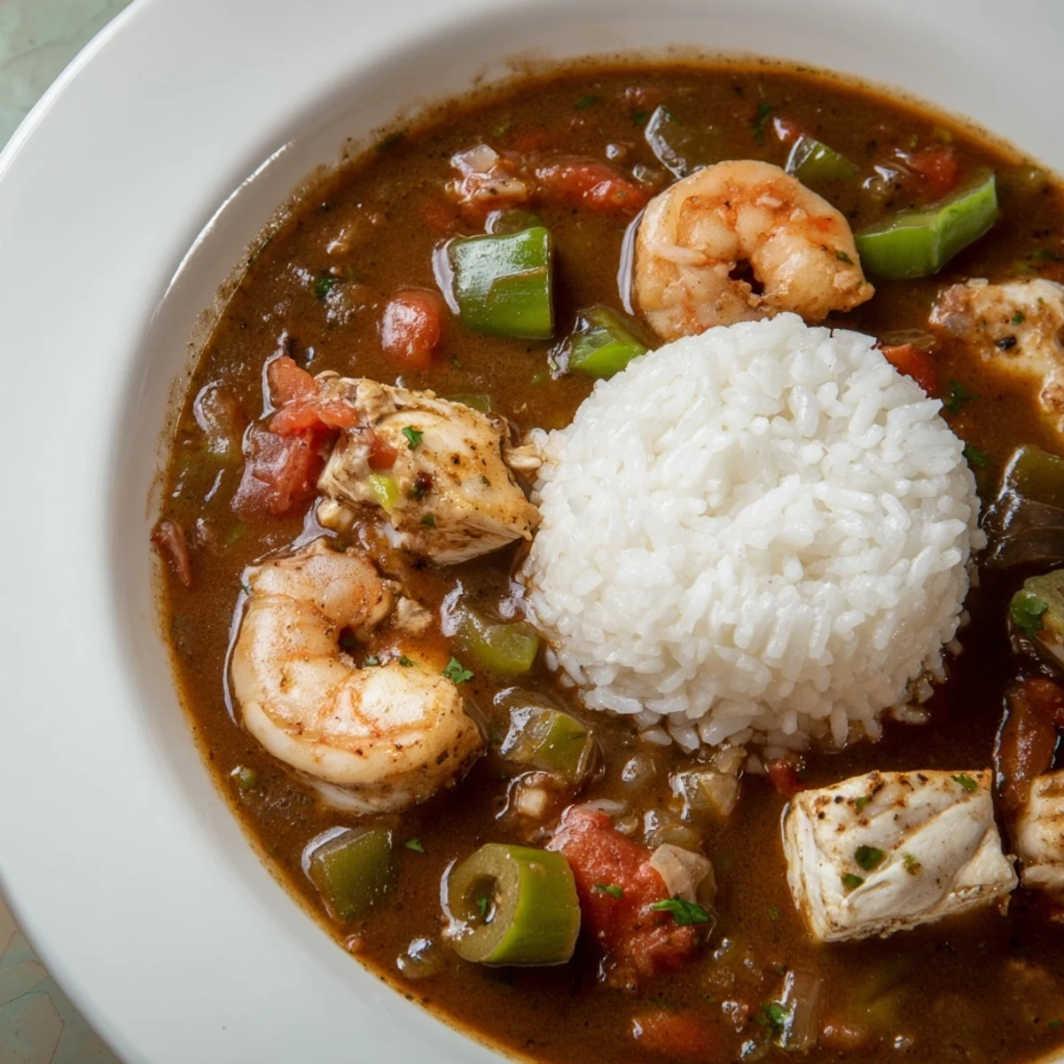 Close-up of Seafood Gumbo with Okra and Tomatoes featuring tender fish and sliced okra.