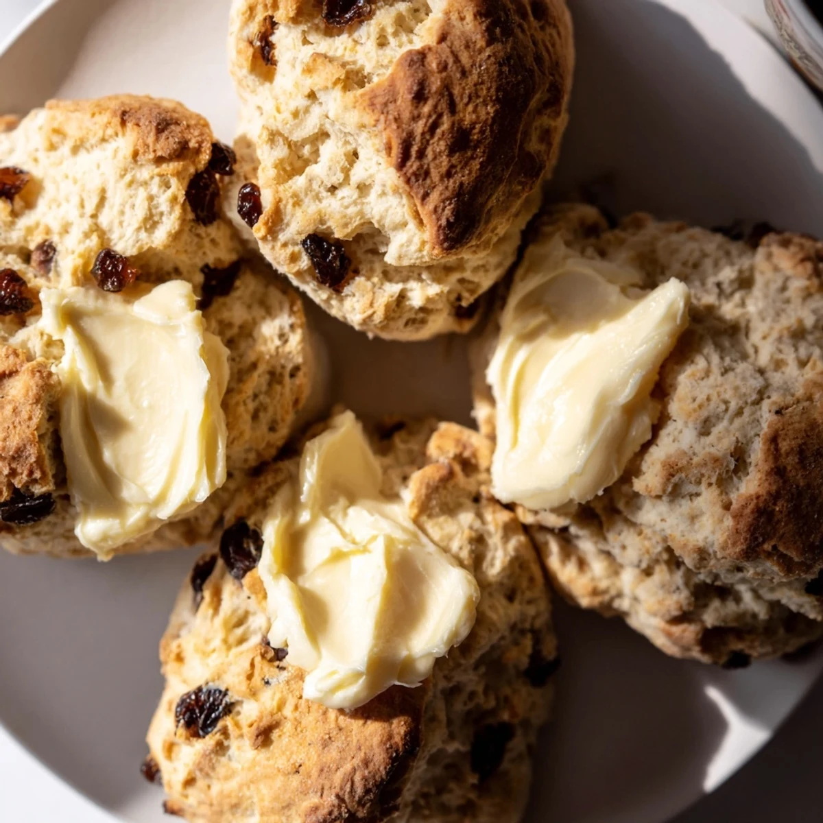 Freshly baked Irish Soda Bread Scones with butter on a rustic wooden board for breakfast.