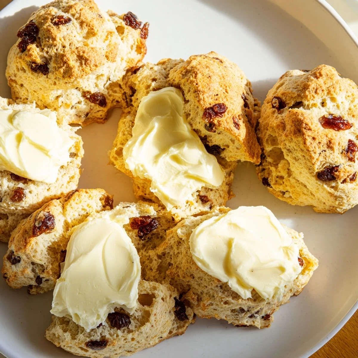 Warm Irish Soda Bread Scones topped with melting butter beside a cup of tea.