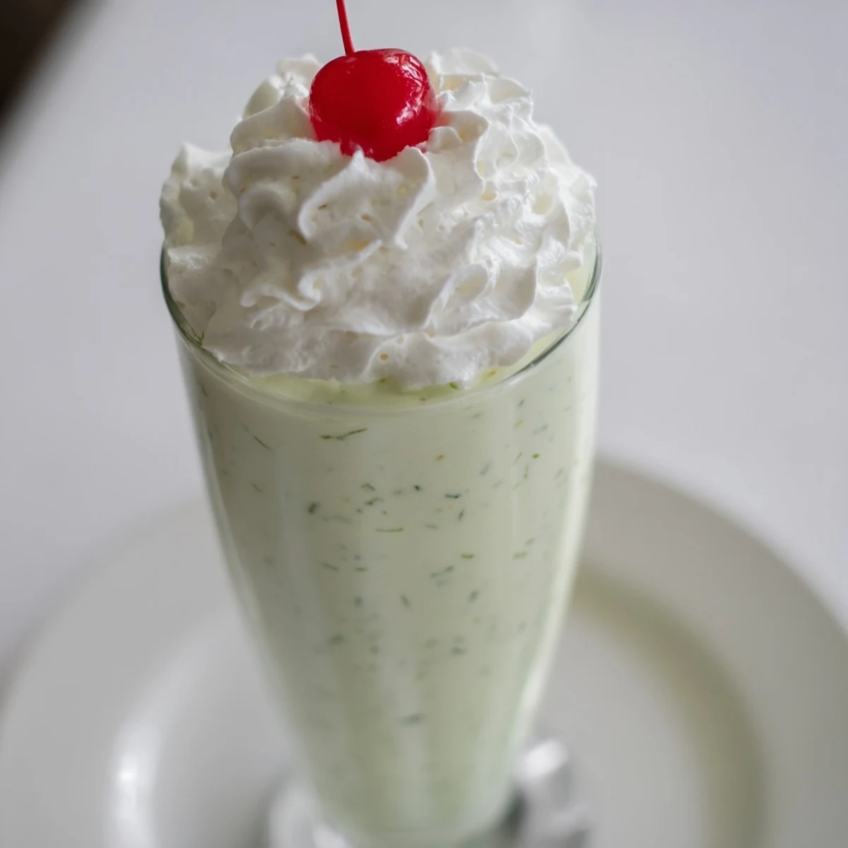 Chilled glasses filled with creamy mint milkshake topped with whipped cream and a maraschino cherry.